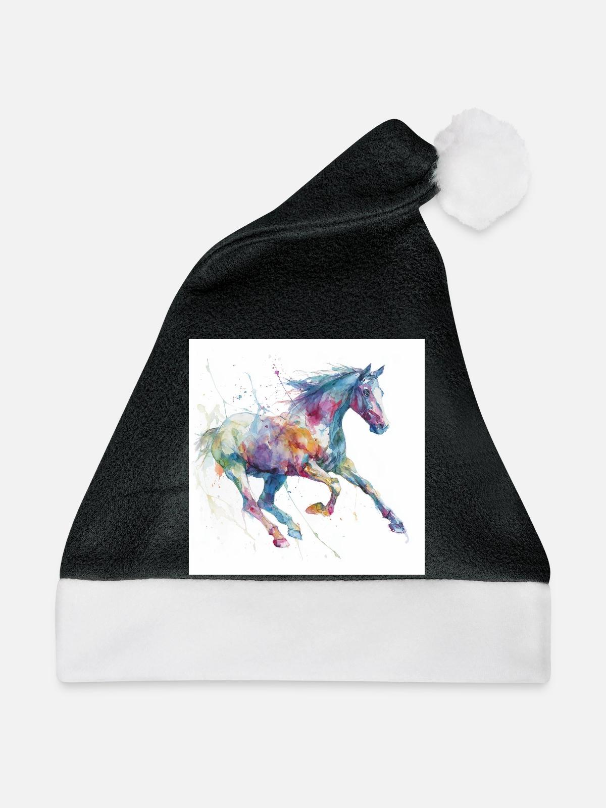 Lebendiges Aquarellpferd - Weihnachtsmütze - Schwarz/Weiß - Vorne