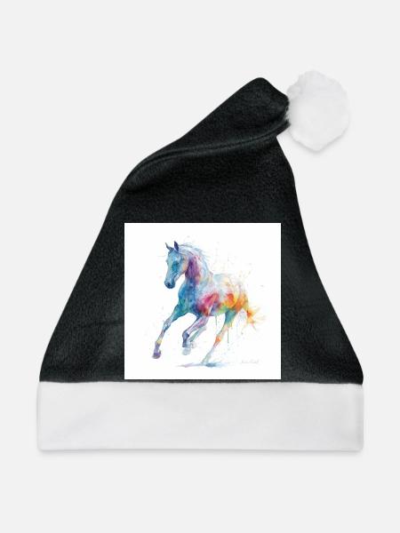 Regenbogen-Aquarellpferd in Bewegung - Weihnachtsmütze - Schwarz/Weiß