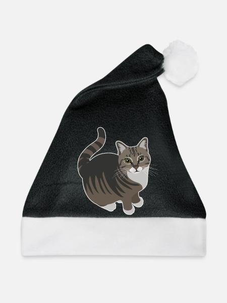 getigerte Katze mit weißen Pfoten - Weihnachtsmütze - Schwarz/Weiß - Vorne