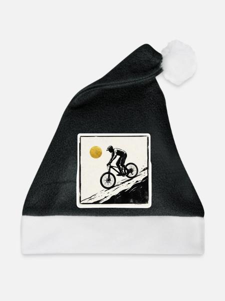 Mountainbiker Holzschnitt Goldene Sonne - Weihnachtsmütze - Schwarz/Weiß - Vorne