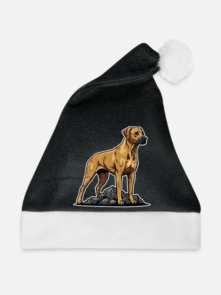 Rhodesian Ridgeback Dog auf Rock Proud Porträt - Weihnachtsmütze - Schwarz/Weiß - Vorne