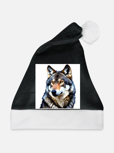 Porträt eines Wolfes mit gelben Augen - Weihnachtsmütze - Schwarz/Weiß