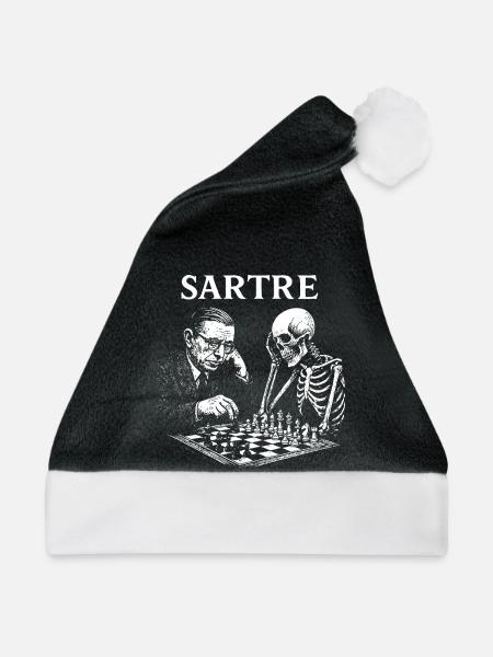 Sartre spielt Schach mit Skelett - Weihnachtsmütze - Schwarz/Weiß