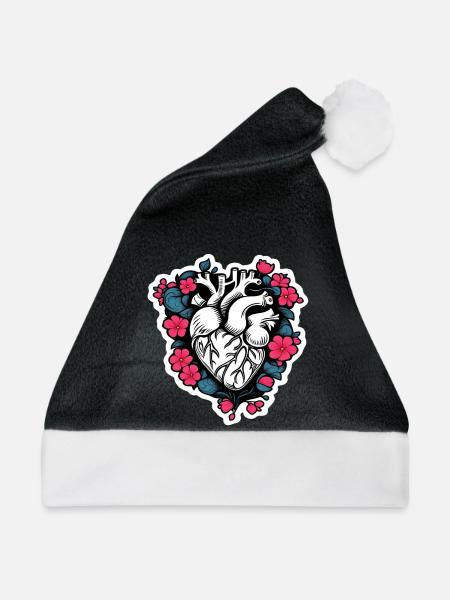 Schwarz-weißes Blumenherz - Weihnachtsmütze - Schwarz/Weiß