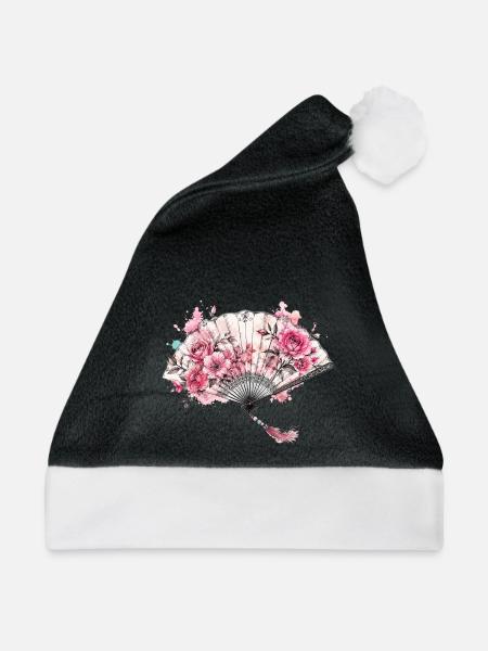 Floraler Fächer mit Aquarellblüten - Weihnachtsmütze - Schwarz/Weiß