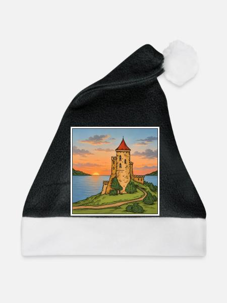 Sonnenuntergangsburg am Meer - Weihnachtsmütze - Schwarz/Weiß
