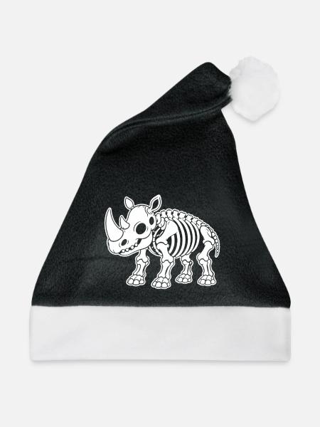 Süßes Skelett Nashorn Horn Safari Tier Cartoon - Weihnachtsmütze - Schwarz/Weiß - Vorne