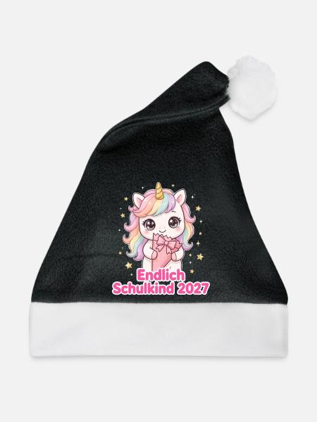 Einschulung 2027 Mädchen Einhorn Shirt - Weihnachtsmütze - Schwarz/Weiß - Vorne