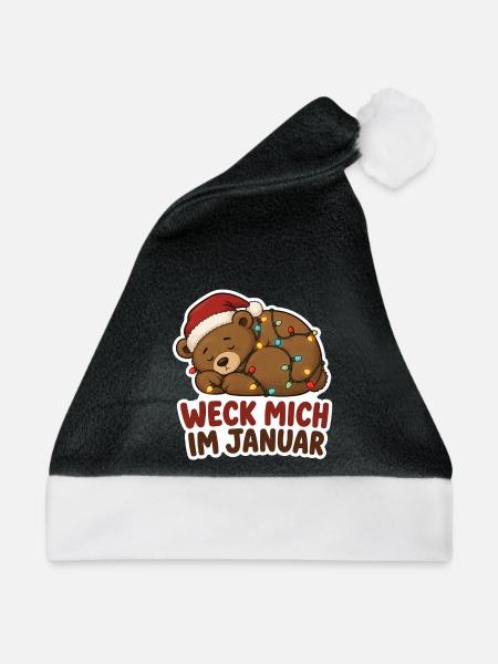 Schlafender Bär mit Lichterkette Januar - Weihnachtsmütze - Schwarz/Weiß