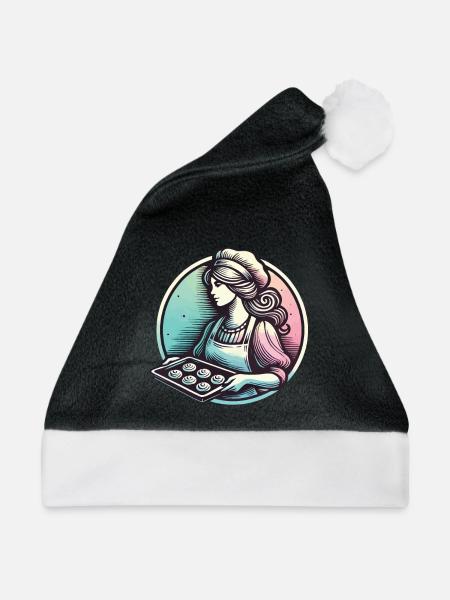 Bäckerin Mit Tablett Frischer Brötchen - Weihnachtsmütze - Schwarz/Weiß - Vorne