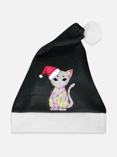 Niedliche graue Katze mit Weihnachtslichtern, Weihnachtsmütze - Weihnachtsmütze - Schwarz/Weiß - Vorne