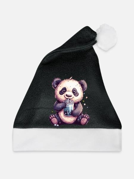 Niedlicher Panda mit Tee - Weihnachtsmütze - Schwarz/Weiß