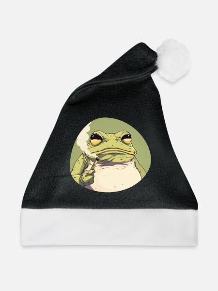 Stoned Cartoon‑Frosch kifft: Cannabis‑Quak - Weihnachtsmütze - Schwarz/Weiß - Vorne