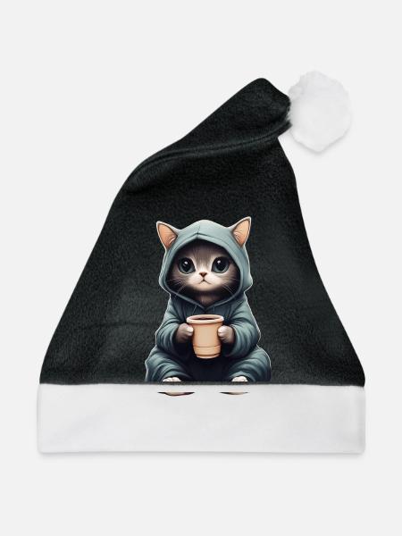 Niedlich: Katze im Hoodie mit Kaffee - Weihnachtsmütze - Schwarz/Weiß - Vorne