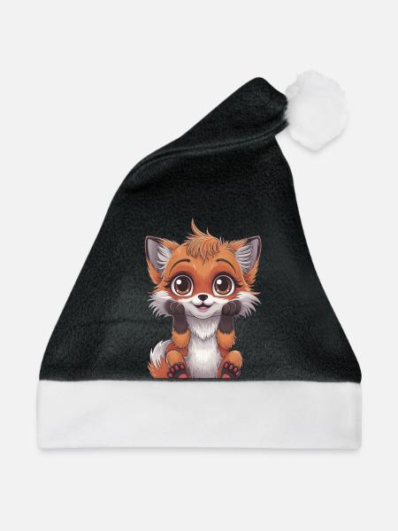 Niedlicher Zeichentrickfuchs mit großen Augen und - Weihnachtsmütze - Schwarz/Weiß - Vorne