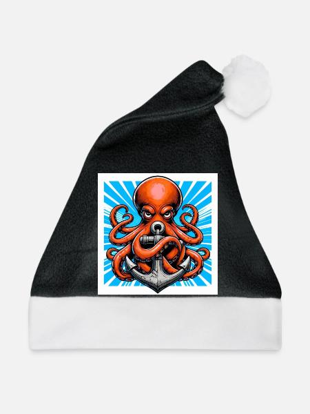 Oktopus umarmt einen Anker - Weihnachtsmütze - Schwarz/Weiß - Vorne