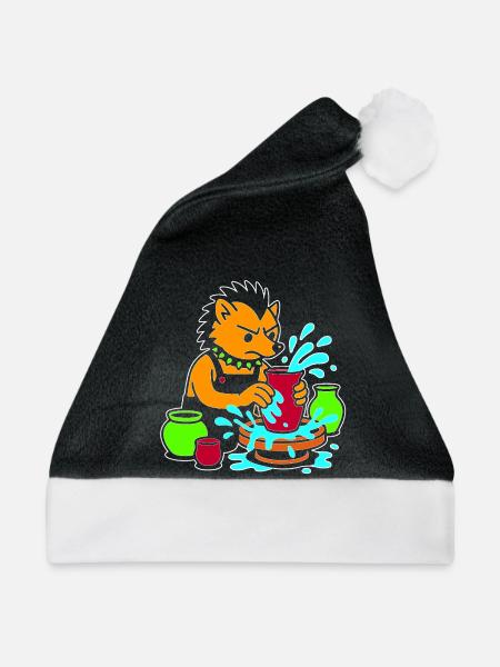Pottery Hedgehog – lustiger Keramikkünstler auf Tondrehscheibe - Weihnachtsmütze - Schwarz/Weiß