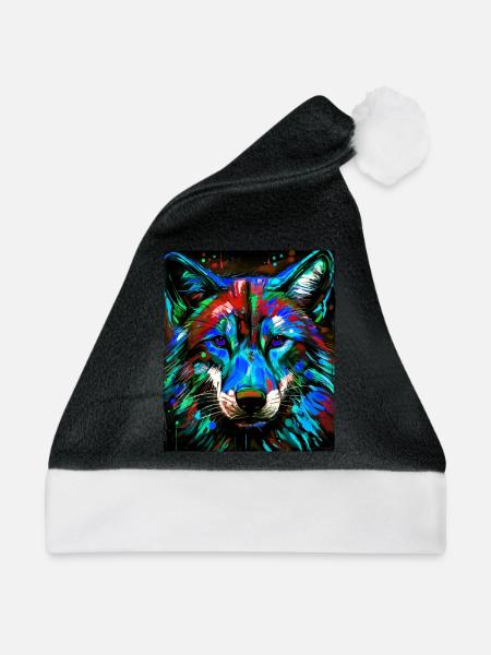 Wolf Porträt - Weihnachtsmütze - Schwarz/Weiß