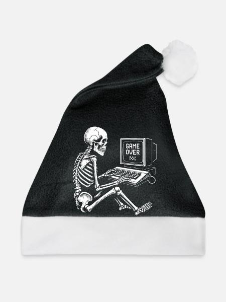 Skeleton Gamer an der Konsole - Weihnachtsmütze - Schwarz/Weiß - Vorne
