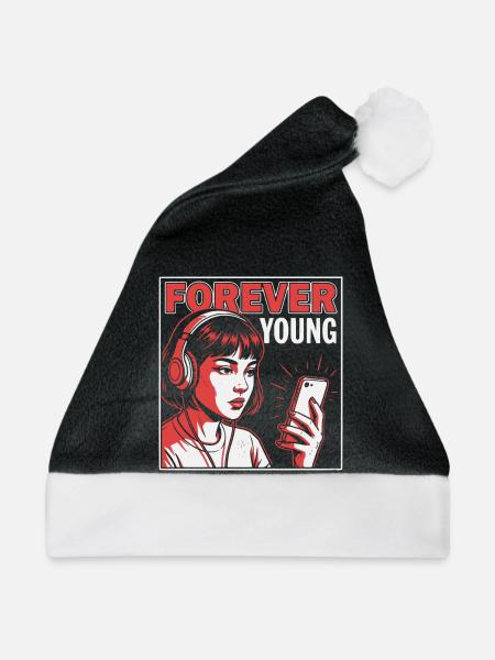 Forever Young, Lustiges Millennials Fun Shirt, Bag - Weihnachtsmütze - Schwarz/Weiß - Vorne