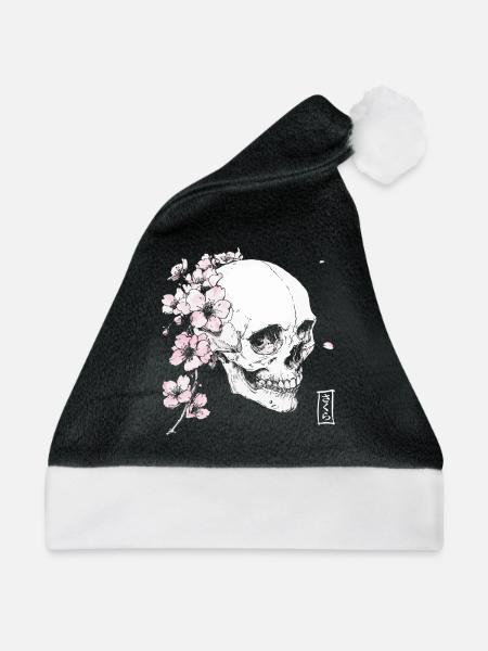 Kirschblüten Schädel im Japan-Stil - Weihnachtsmütze - Schwarz/Weiß - Vorne