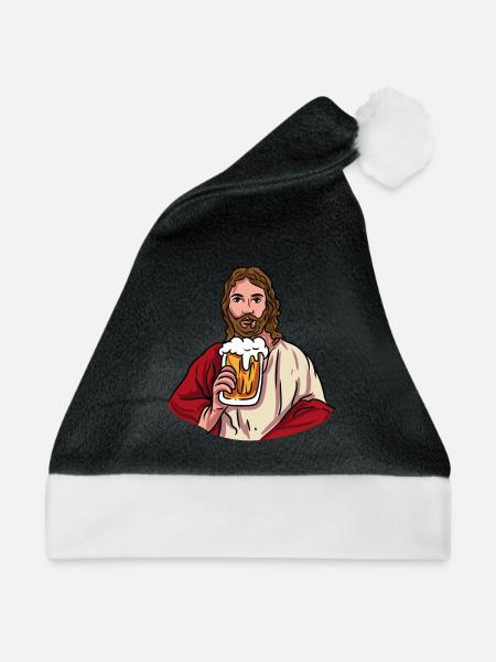 Jesus mit Bierkrug - Weihnachtsmütze - Schwarz/Weiß