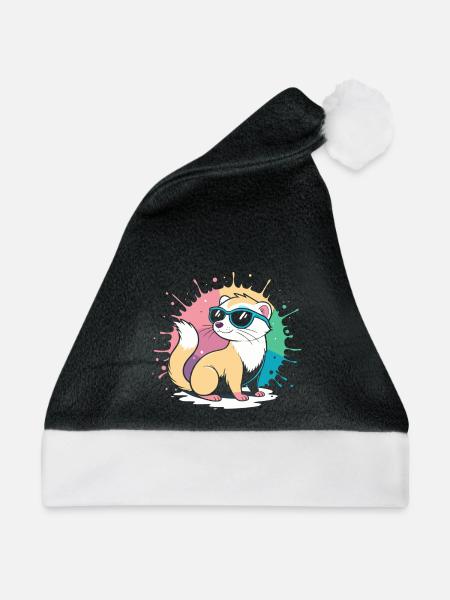 Cooler Cartoon-Frettchen mit blauer Brille - Weihnachtsmütze - Schwarz/Weiß