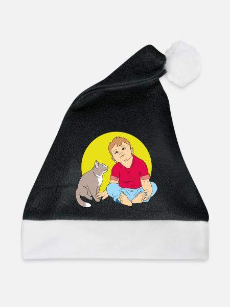 Junge spricht mit Katze - Weihnachtsmütze - Schwarz/Weiß