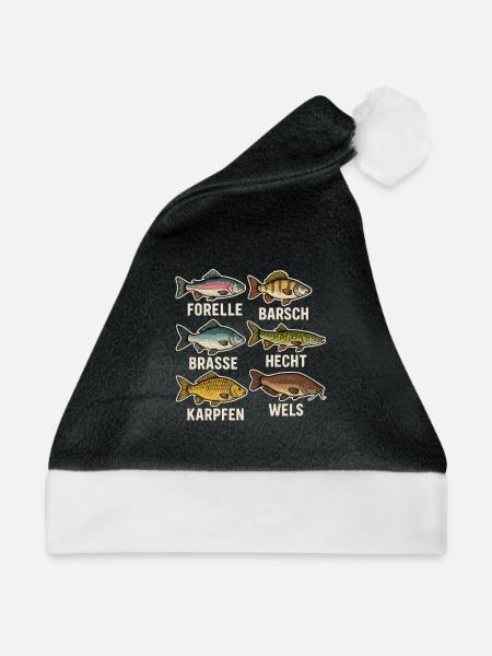 Fischarten Übersicht – Angler Design mit Forelle - Weihnachtsmütze - Schwarz/Weiß - Vorne