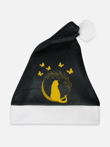 Goldene Mondkatze mit Blütenranke - Weihnachtsmütze - Schwarz/Weiß