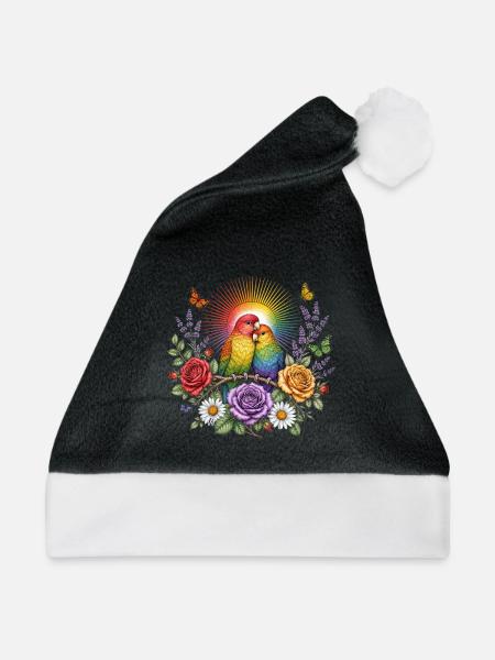 Regenbogen Papageien Blumen Vintage T-Shirt Vögel - Weihnachtsmütze - Schwarz/Weiß - Vorne