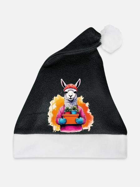 Lama mit Blumen im Topf - Weihnachtsmütze - Schwarz/Weiß
