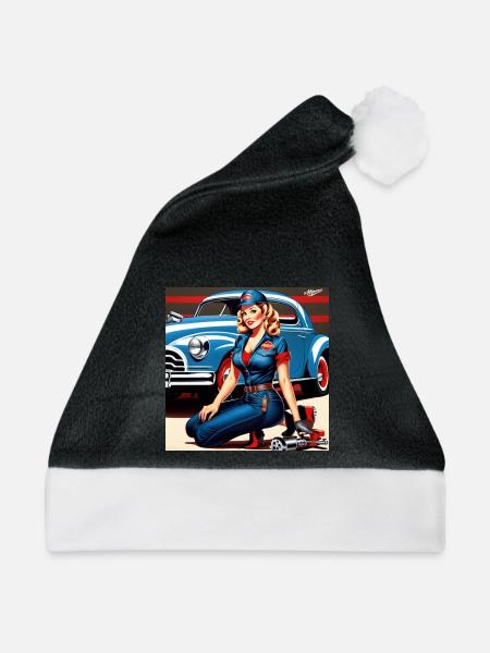 Pinup im Retrowagen Blau - Weihnachtsmütze - Schwarz/Weiß