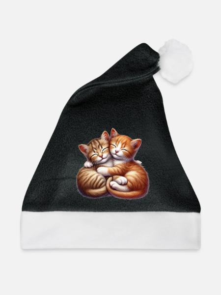 Zwei Kuschelnde Kätzchen in Liebevoller Umarmung - Weihnachtsmütze - Schwarz/Weiß - Vorne