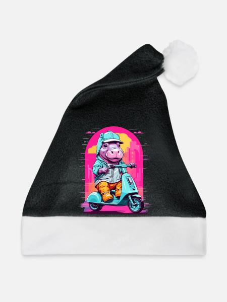 Nilpferd auf Roller - Weihnachtsmütze - Schwarz/Weiß