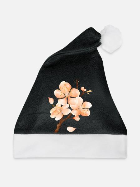Pfirsichblüten Ast im samtig-weichen Pfirsichton - Weihnachtsmütze - Schwarz/Weiß