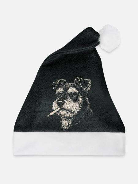 Hundeporträt von Schnauzer mit Zigarette - Weihnachtsmütze - Schwarz/Weiß