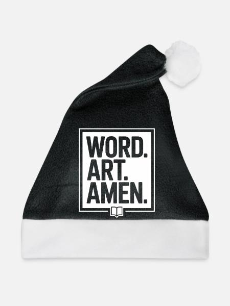 Wortkunst Amen Typografie T-Shirt - Weihnachtsmütze - Schwarz/Weiß - Vorne