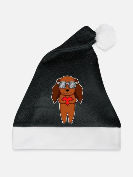 Hund mit Herz und Brille - Dackel - Weihnachtsmütze - Schwarz/Weiß - Vorne