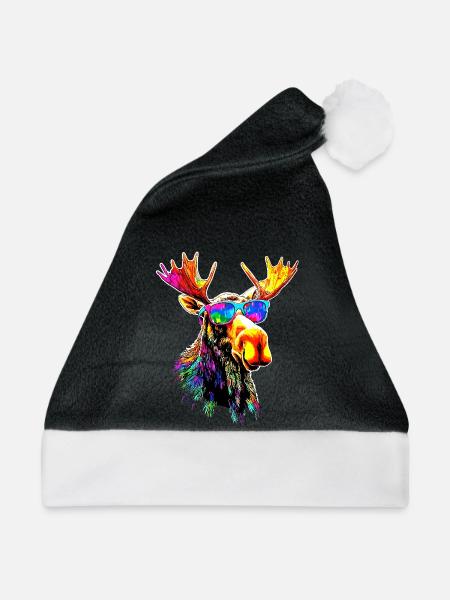 Elch Moose Elchbulle Geweih Hirsch Wilde Elche - Weihnachtsmütze - Schwarz/Weiß - Vorne