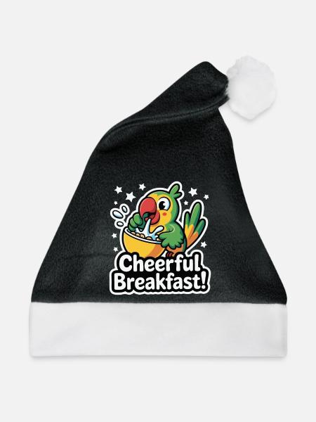 Lebhafter Papagei mit fröhlichem Frühstück - Weihnachtsmütze - Schwarz/Weiß - Vorne