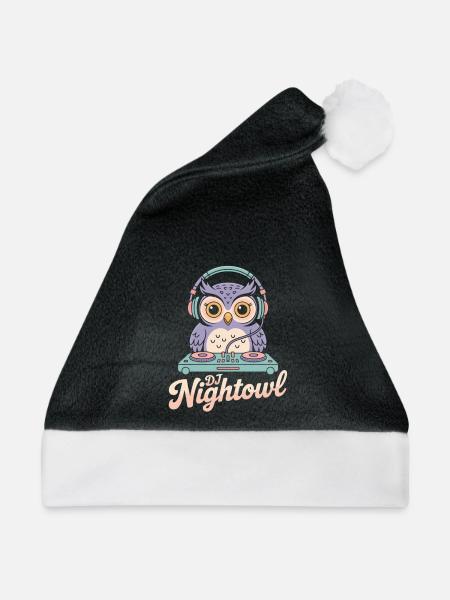 DJ Nightowl Eule Mit Kopfhörern Am Pult - Weihnachtsmütze - Schwarz/Weiß - Vorne