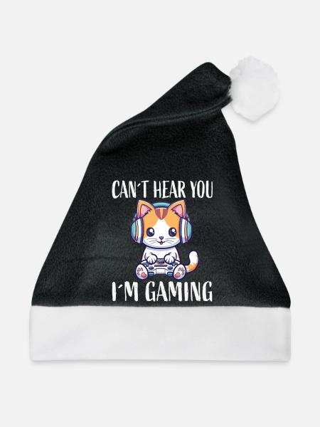 Kätzchen mit Headset beim Gaming - Weihnachtsmütze - Schwarz/Weiß