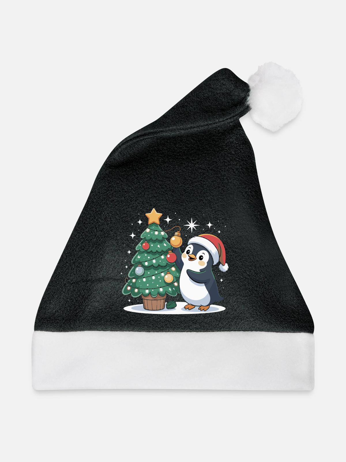 Pinguin schmückt Weihnachtsbaum - Weihnachtsmütze - Schwarz/Weiß - Vorne
