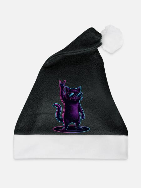 Synthwave Kater Katze mit Rockhand Pose - Weihnachtsmütze - Schwarz/Weiß