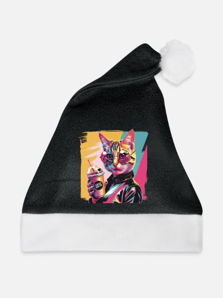 Popart Katze mit Lederjacke und Kaffee - Weihnachtsmütze - Schwarz/Weiß