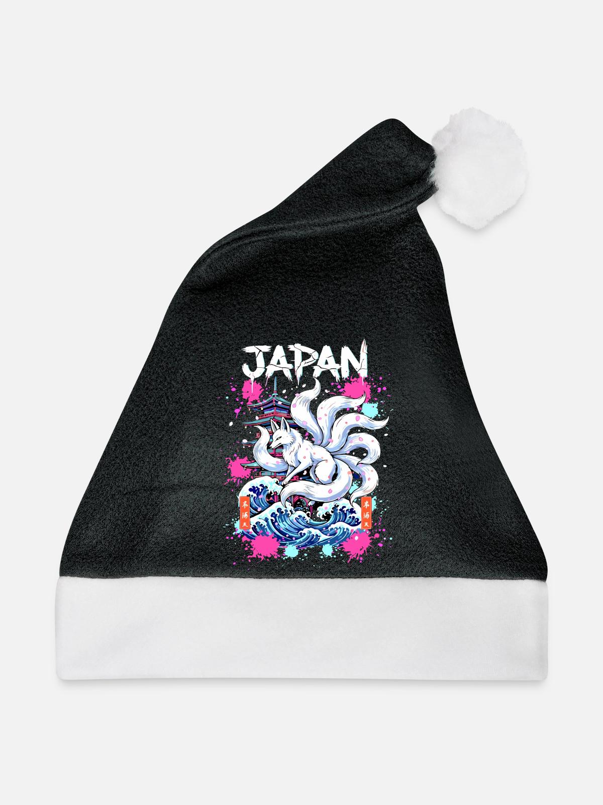 Kitsune Japan Pagode – Anime Fuchsgeist - Weihnachtsmütze - Schwarz/Weiß - Vorne