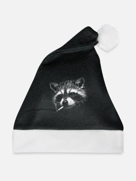 Rauchen, Zigarette, Waschbär raucht eine Zigarette - Weihnachtsmütze - Schwarz/Weiß - Vorne