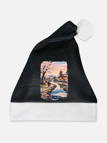 Traditioneller Japanischer Kirschblüten - Weihnachtsmütze - Schwarz/Weiß