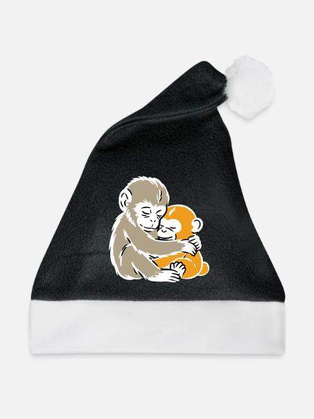 Monkey Hug Duo Illustration - Weihnachtsmütze - Schwarz/Weiß